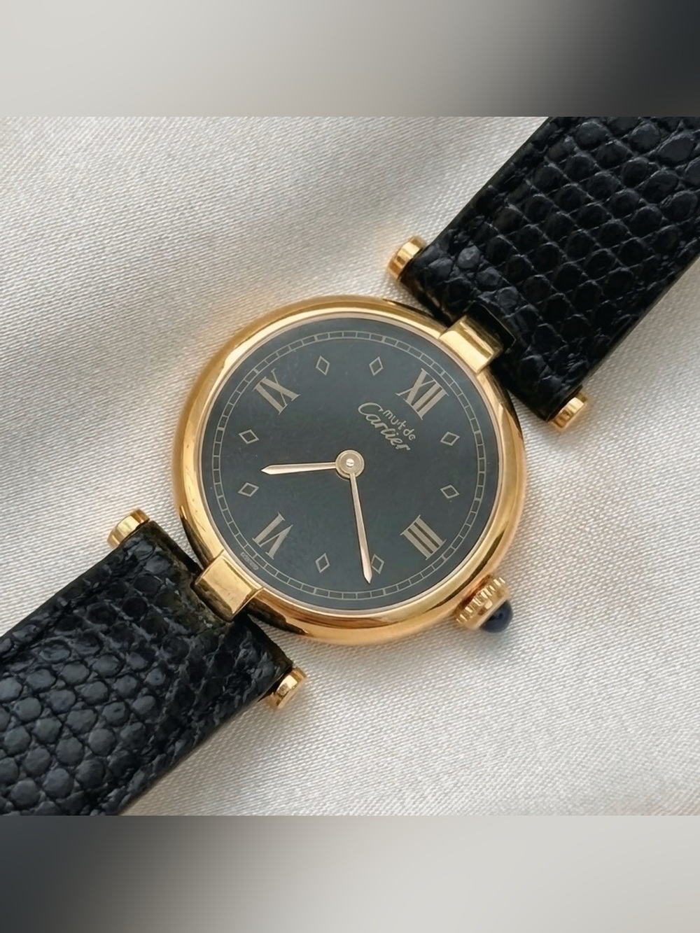 AUTHENTIC VINTAGE CARTIER BLACK LEATHER WATCH - WITH BOX - Picture 3 of 5